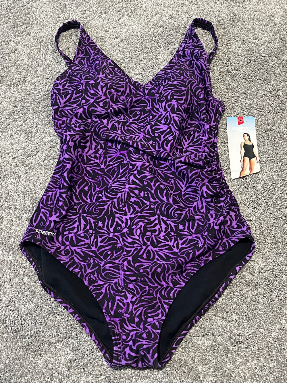 NEW Speedo Swimsuit Size 8 Purple Black Ruched Sides Lined New with Tag